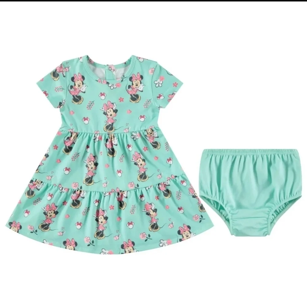 Disney Baby Minnie Mouse 2Pc Matching Mint Green Tiered Dress Set Size 3M NWOT